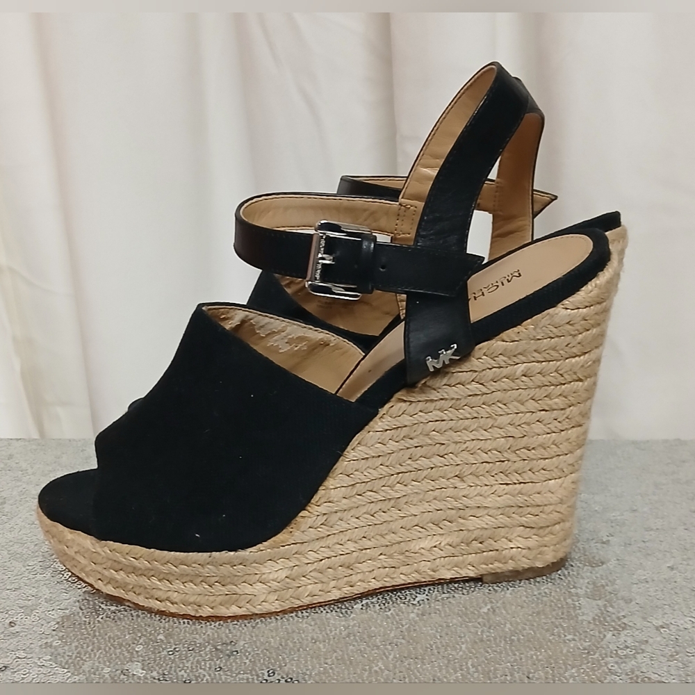 MICHAEL Michael Kors Black Suede Espadrille Wedge Sandals - Picture 8 of 16